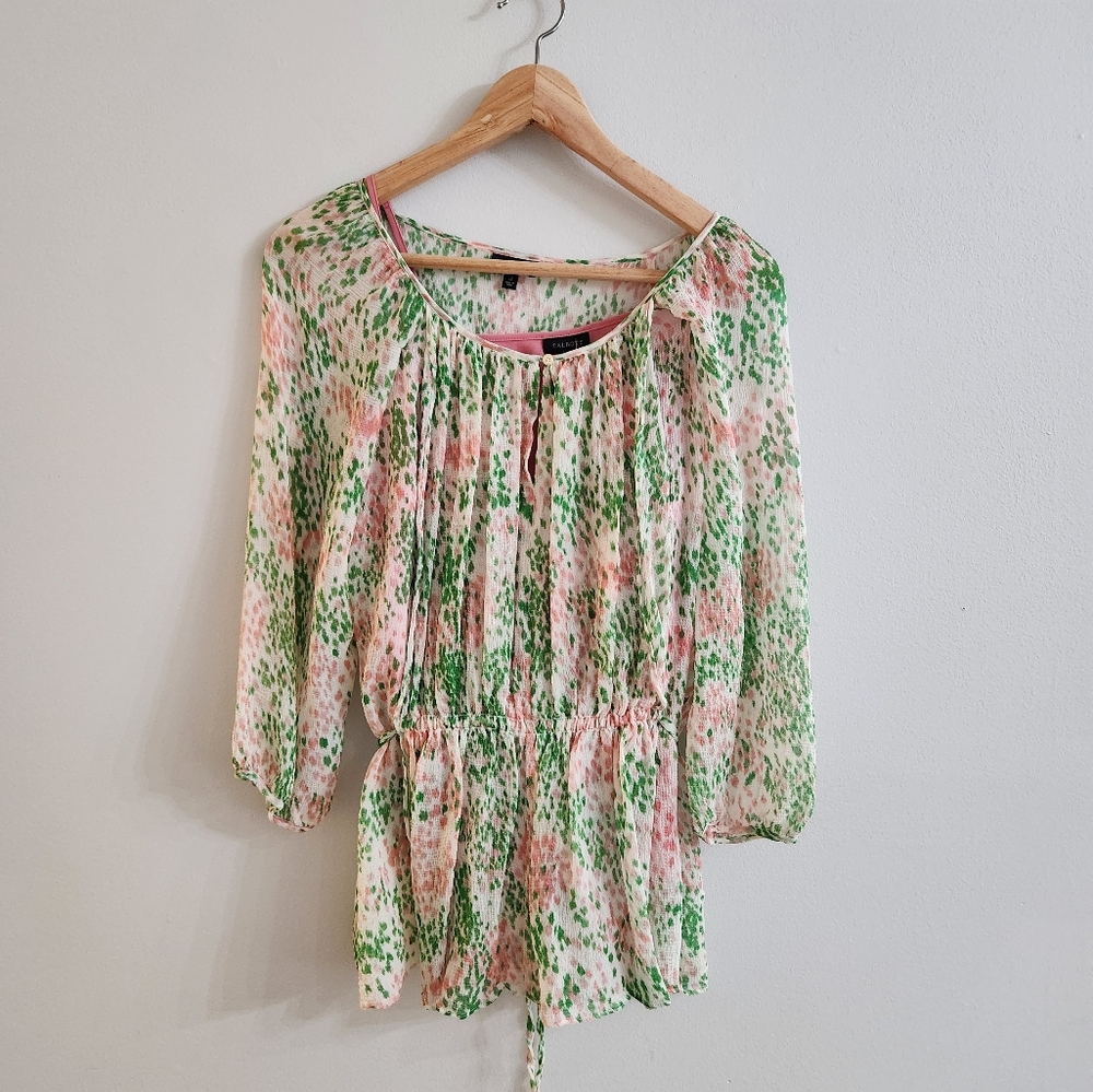 NWOT Talbots Silk White Sheer Pink Green 3/4 Sleeve Smocked Blouse, Size 12